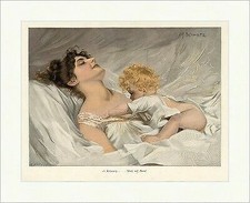 A. Schwarz: ... Wach auf Mama Bett Morgen Baby coloriert Kissen Holzstich E 8899