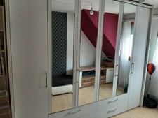 Massivholz Kleiderschrank Weiß  integrierte Beleuchtung 4 Spiegel 4 Schubladen 