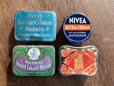 4 alte kleine Metalldosen, Blechdosen, Nivea, Nähnadeln etc