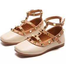 Mädchen Kinder Nieten Nieten T-Bar flache Brautjungfer Hochzeit Ballerina Schuhe