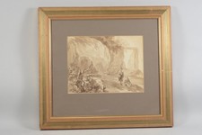 L50B35- Grisaille Aquarell, Zwei Personen in Landschaft, 19.Jh.