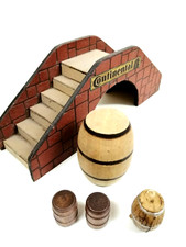 Brücke und Holz-Plastik - Fässer / gebr. / 5 Teile