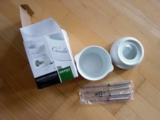 12 tlg.OVP Schokoladenfondue 4 Gabeln Porzellan+6 tlg.Deko Set Glas Vase gross  