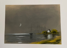 Pastell Kreide-Mond über Hiddensee - Neuendorf-Hafen - Signiert - Kurt Merz-93