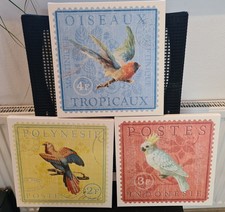 3tlg. Leinwand,Kunstdruck Bilder fertig aufgespannt 30x30, Briefmarken Papageie