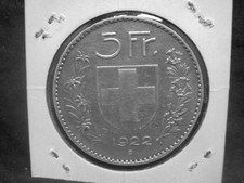 Silbermünze - Schweiz 5 FR 1922 B "Confederatio Helvetica" im Rähmchen  SH8590