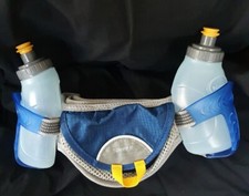 Laufgürtel blau mit Wasserflaschen & Schlüsselclip und Taschen für Karte etc
