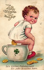 Neujahr, Kind "befördert" Münzen in den Nachttopf, 30er Jahre