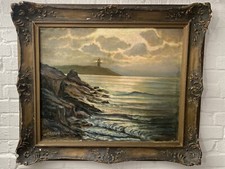 Antikes maritimes Gemälde Signiertes Ölbild Skandinavische Küste mit Leuchtturm