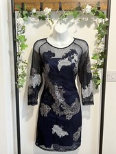 Karen Millen Minikleid Größe 12 Spitze & Netz Rundhals Marineblau & Grau Spitze