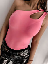 Damen Neon crop Top T-Shirt One-Shoulder Party Oberteil Cut-Out Bluse XS-M