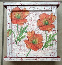 SCHLÜSSELKASTEN rot weiß Holz HANDARBEIT Krakelee Decoupage MOHN Frankreich