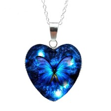 Damen Halskette Anhänger Silber Blau Schmetterling Herz Cabochon Geschenk Party