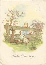 Ostern, Hase, Osterhase, Huhn und Hahn, Eier, Kind, frühe DDR-Ak von 1959