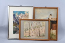 B08F23- 3x Aquarell, Alpensee/ Waldstück/ Bauernhaus