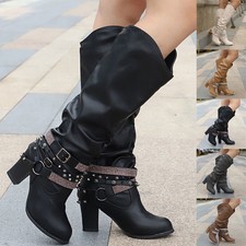 Damen Stiefel Chelsea Boots Stiefeletten Kniehoch Mittel Blockabsatz Schuhe