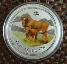 Silber Münze Australien Lunar II         2 Unzen Ochse 2009 coloriert Perth Mint