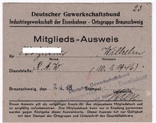 Gewerkschaft der Eisenbahner Braunschweig Mitglieds-Ausweis 1948