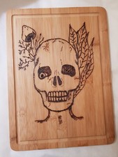Schädel Halloween Hackbrett Pyrographie Kunst Original Holz Neu 