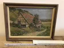 Ölbild Gemälde Ölgemälde alte Hütte Fachwerkhaus unsigniert rückseitig Studie