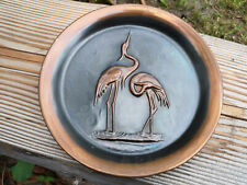 Wandteller Dekoteller Metall Kupferfarben Reiher Handarbeit Vintage Midcentury