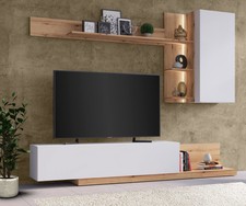 Wohnwand Wohnzimmer Anbauwand Vitrine Lowboard 4teilig weiß Evoke Eiche 63287523