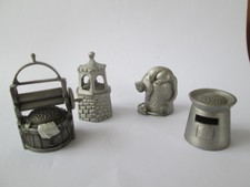 4 x Vintage Zinn Metall Fingerhut Sammlung Glockenturm, Postkasten, Katze & Waschwanne