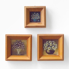 3x Gemälde Bild Blumenstrauß in Holz-Bilderrahmen braun 6,3x6,3cm & 2x 7,5x7,5cm