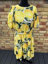 H&m Leinen Blend LEMON Print Sommer Fit & Flare Midi Kleid Größe uk6