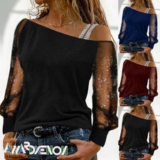 Damen Schulterfrei Tunika Top Mesh Langarm T-Shirt Oberteile Freizeit Bluse Hemd