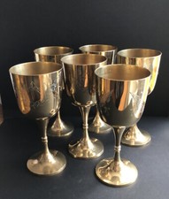 Vintage 6er Set massiv Messing Wein Feier Becher Blatt & Blume geätzt