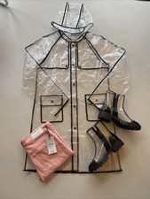 Damen Transparent Durchsichtig Regenmantel N21 Kapuze Jacke Lack Vinyl Wet Look