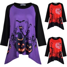 Halloween Übergröße Damen Printed Langarmshirt Oberteile Hemd Tunika Bluse Tops