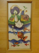 BIld im Holzrahmen Wandbild Kinderzimmer Tiere Fisch Schnecke Boot am Fluss