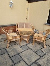Sitzgruppe Rattan 2 Sessel,1 Sitzbank mit Sitzkissen u.Tisch mit Glasplatte