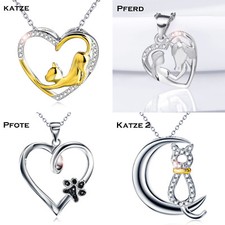 Halskette + Herz Anhänger 925 Silber Pferd Katze Hund Tier Pfote Zirkonia Liebe