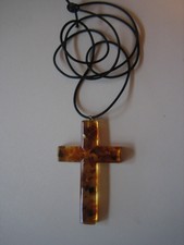 Bernstein Imitat Kreuz Anhänger Kettenanhänger mit Textilhalsband NEU