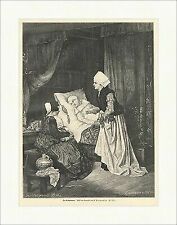 Der Erstgeborene Mutter Wochenbett Säugling Baby Kissen Haube Holzstich E 4931