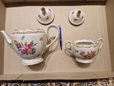 Kaffee Tee Service, Dresdner Porzellan, antik, handgemalt, Blumen, Goldrand