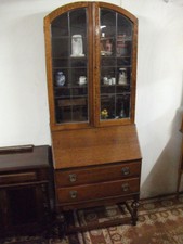 Schrägklappensekretär mit Vitrinenaufsatz, Eiche,England ca. 1920, restauriert