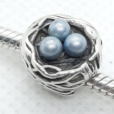 * Silbercharm für Bettelarmband, Vogelnest mit bläulichen Eiern