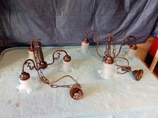 2 alte Deckenlampen, Kronleuchter, 3 flammig, bläuliche Glasschirme