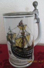 Alter maritimer Bierkrug weiß m. Deckel und mit 2 Schiffe drauf