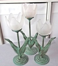 3 Teelichthalter,Ständer,Blume,Glas,Metall,Weiß,Grün,