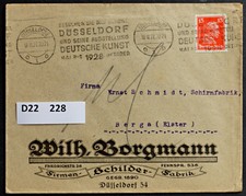 D22 228) Brief Düsseldorf Sonderstempel Kunst-Ausstellung 1928; Schilder-Fabrik
