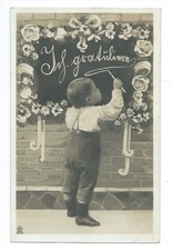 AK Künstler Glückwunsch Tafel kleiner Junge Kinder Jugendstil Peitsche gel. 1909