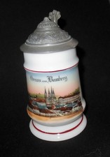 -522- Kleiner Andenken Bierkrug Zinndeckel Gruss aus Bamberg Panorama 30er Jahre