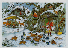 FRITZ BAUMGARTEN Zwerge füttern Tiere im Wald - moderne Klappkarte
