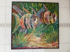 Fische Ölbild Spachteltechnik 72 x 72 cm von 1996  signiert Gemälde Holzrahmen