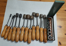 12 Steckschlüssel m. Holzgriff+Smalcalda Set Kasten Sechskant Nüsse-DDR-Konvolut